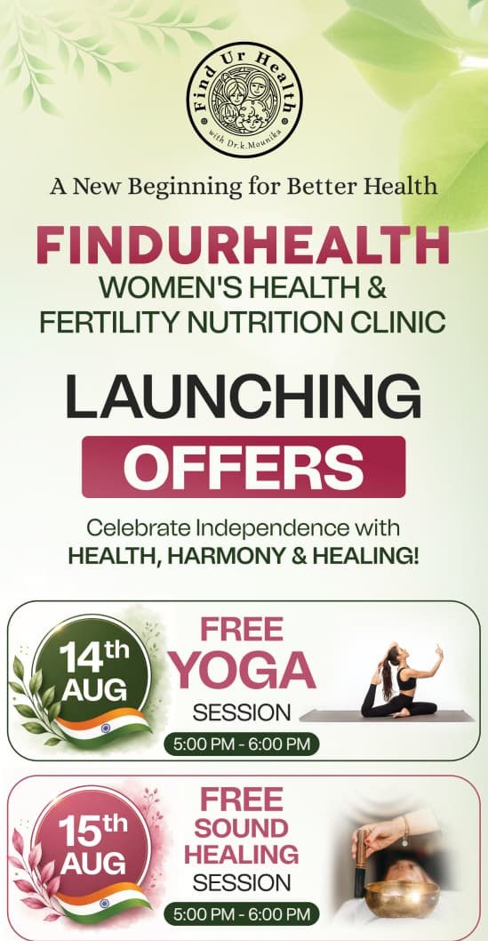 Findurhealth, Women's Health & Fertility Nutrition Clinic, opening in Kompally. Launching offers: Free Yoga Session 14 Aug 5-6 PM, Free Sound Healing Session 15 Aug 5-6 PM.